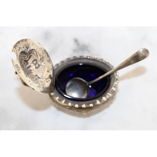 461 - Silver Hallmarked Mustard dish with Blue Glass Inset with Silver Hallmarked Spoon