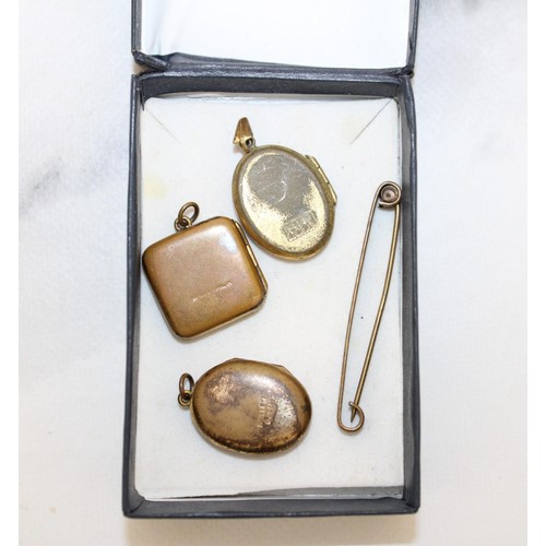 400 - Box Containing 3 x Circa 1900 Worn Rolled Gold Lockets & Pinchback Pin Brooch