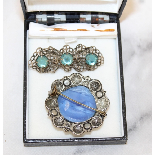 465 - 1930's Blue Glass Brooch & Crafted Using Crystallized Swarovski Elements & Sterling Silver By Delite... 