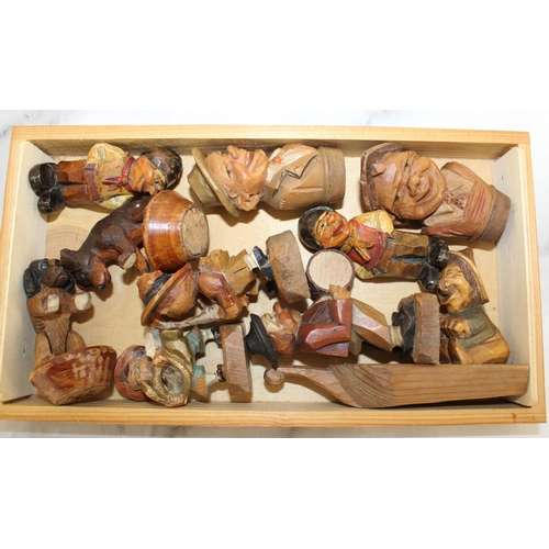 97 - Vintage Wooden Box Containing Vintage Hand Carved Bottle Stops Etc Corks Are Missing