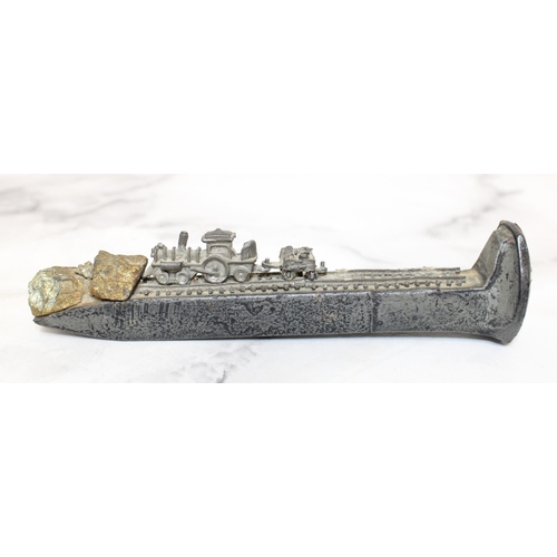 98 - PAPER WEIGHT Miners Chisel With Hand Made Train & Pyrite (Fools Gold)