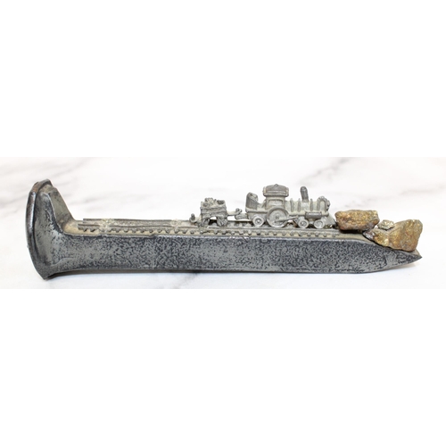 98 - PAPER WEIGHT Miners Chisel With Hand Made Train & Pyrite (Fools Gold)