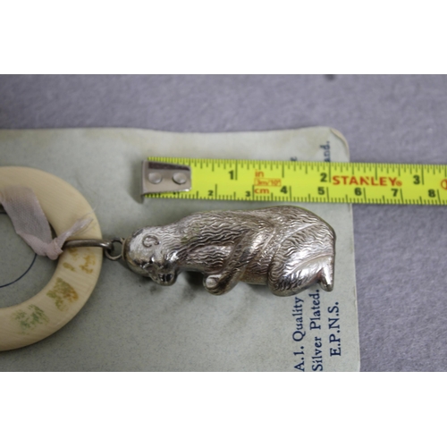 474 - Silver Plated Monkey Inspired Baby Rattle, Made in England, In Original packaging