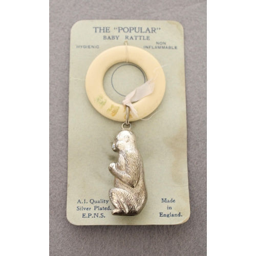 474 - Silver Plated Monkey Inspired Baby Rattle, Made in England, In Original packaging