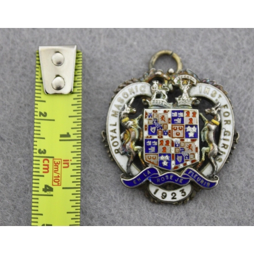 475 - 1923 Silver Hallmarked  Enamelled Royal Masonic inst For Girls  Fob