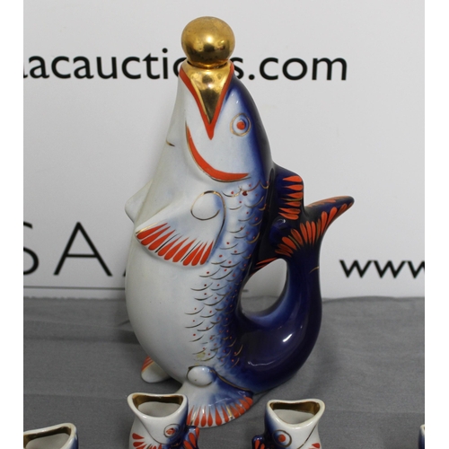 137 - Selection Of Blue Gurgle Fish And Cobalt Porcelain Drinking Set Fish Family Big Fish Carp Decanter f... 