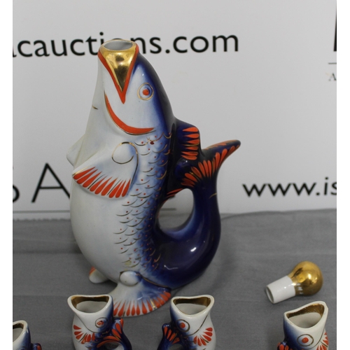 137 - Selection Of Blue Gurgle Fish And Cobalt Porcelain Drinking Set Fish Family Big Fish Carp Decanter f... 