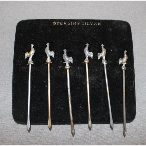 90 - Set Of Sterling Silver Pheasent Cocktail Sticks