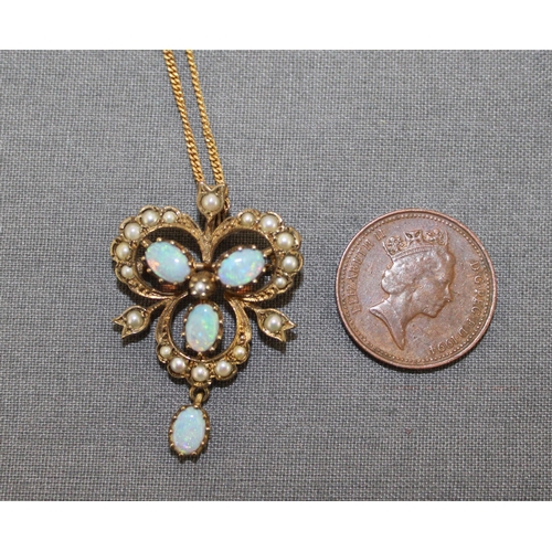 492 - Antique Victorian Style Opal And Pearl Stamped 375 Gold Necklace And Stamped 375 Pendant/Brooch 
Tot... 