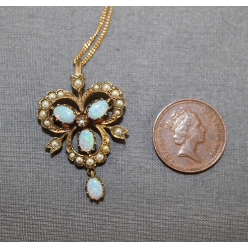 492 - Antique Victorian Style Opal And Pearl Stamped 375 Gold Necklace And Stamped 375 Pendant/Brooch 
Tot... 