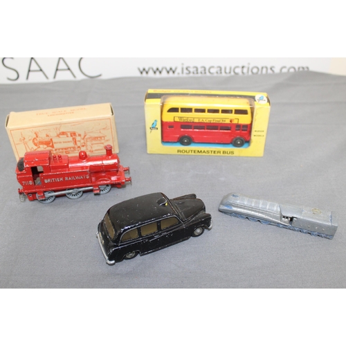 665 - Boxed Watford Bus, Boxed Locomotive, Unboxed Taxi and Train