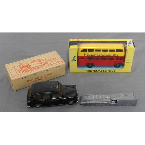 665 - Boxed Watford Bus, Boxed Locomotive, Unboxed Taxi and Train