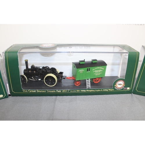 721 - Three Boxed Oxford Great Dorset Steam Fair Plough Engines And Wagon And One Boxed Lemkin Die Cast Pl... 