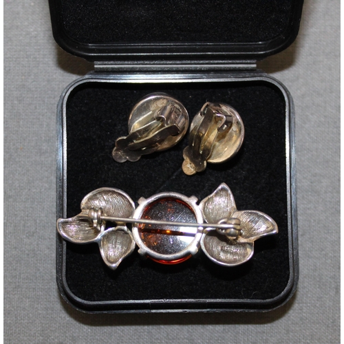 334 - 925 Silver Amber Stoned Brooch & Earrings In A Box