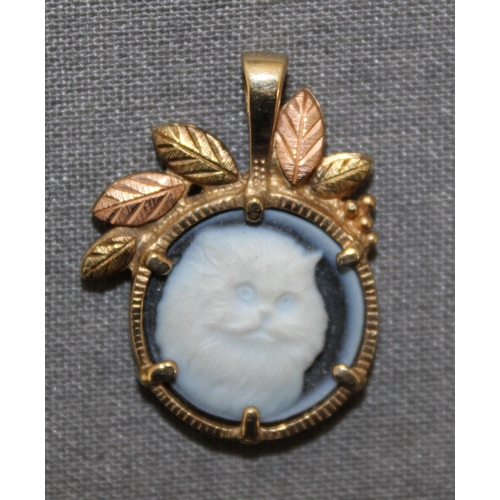 516 - Stamped 375 10k Gold Blue Agate Cat Cameo Pendant
Total Weight-3.62g