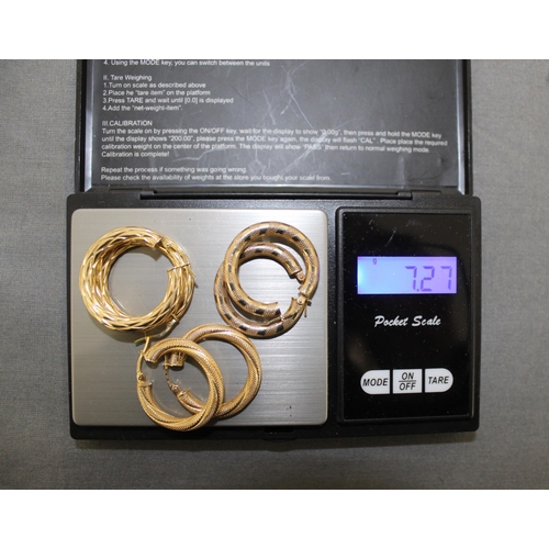 520 - Three Pairs Stamped 375 Gold Hooped Earrings
Total Weight-7.27g