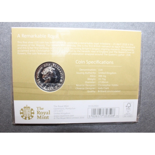 225 - The Royal Mint 2016 The 90th Birthday Of HM The Queen £20 Fine Silver Coin Sealed Pack