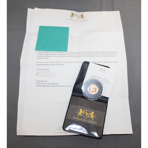 529 - Harrington & Byrne 2023 UK King Charles III Coronation Gold Sovereign With Certificate Of Authentici... 