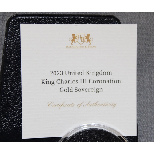 529 - Harrington & Byrne 2023 UK King Charles III Coronation Gold Sovereign With Certificate Of Authentici... 