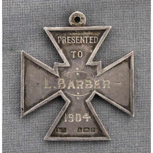 445 - Silver Hallmarked Hendon Education Committee Fob Presented to L Barber 1904