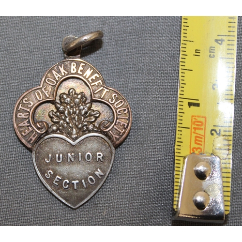 446 - Silver Hallmarked Hearts Of Oak Benefit Society Junior Sector Fob Presented to F Day