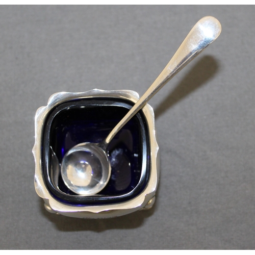 455 - Silver Hallmarked Cruet Dish With Spoon And Blue Glass Inlay