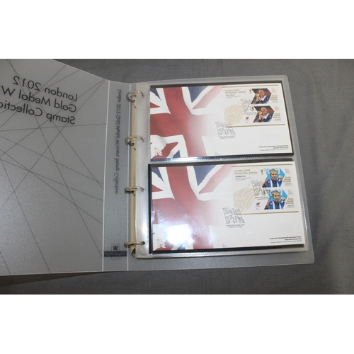 166 - London 2012 Gold Medal Winners Stamp Collectors Packs in Album