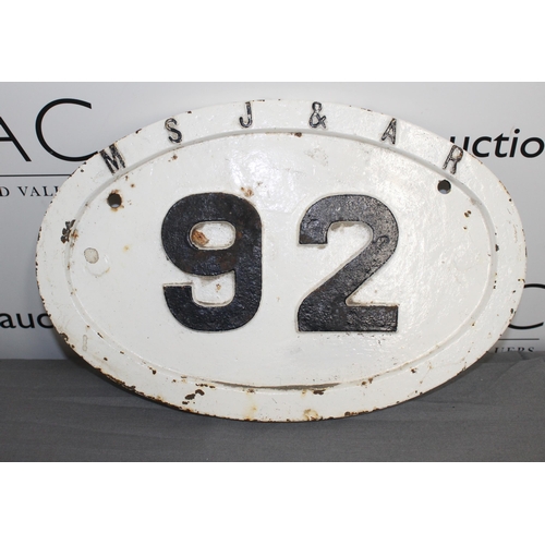 451 - Railways Interest - Heavy Cast Iron M S J & A R 92 Sign 36 x 24cm
COLLECTION ONLY