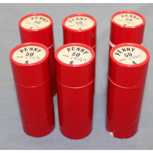 266 - Six Red Penny Tubes 1949-69 Containing Penny Coins