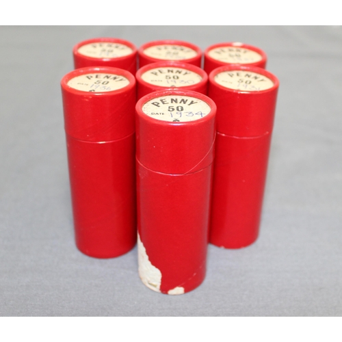 267 - Seven Red Penny Tubes from 1930's Containing Penny Coins