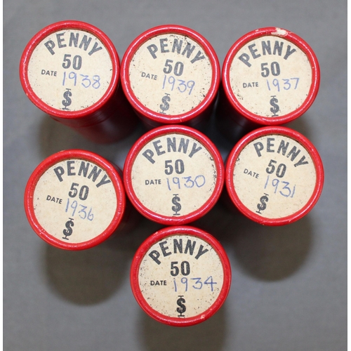 267 - Seven Red Penny Tubes from 1930's Containing Penny Coins