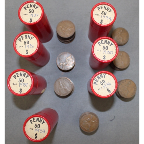 267 - Seven Red Penny Tubes from 1930's Containing Penny Coins