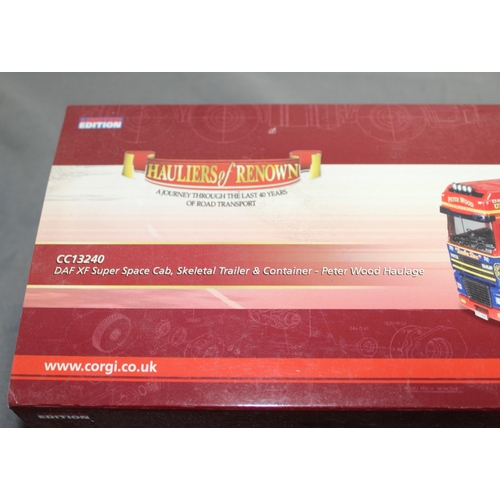 487 - BOXED HAULIERS OF RENOWN LIMITED EDITION CORGI CC13240 DAF XF SUPER SPACE CAB SKELETAL TRAILER & CON... 