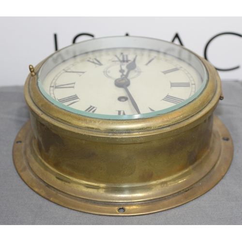 121 - Vintage Brass Glass Fronted Ships Clock - 18cm Diameter - Untested
Collection Only