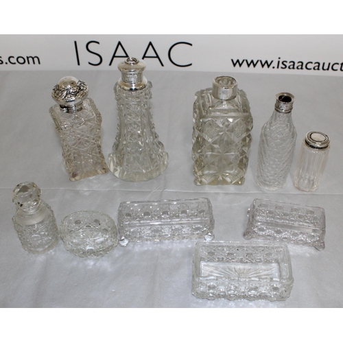 416 - A Selection Of Some Silver Hallmarked/Sterling silver ETC Topped Glass Items 
Tallest 15.5cm