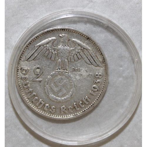 355 - 1938 Germany 2 Mark And Deutsches Reich Silver Coin Hindenberg