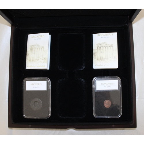 274 - Boxed 8 x Slab Roman Coins With Certificates 
Honorius 393-423 AD
Arcadius 383-408 AD
Romulus & Remu... 