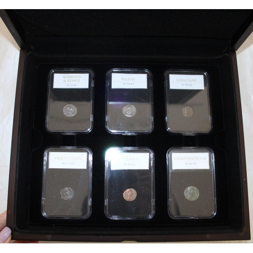 274 - Boxed 8 x Slab Roman Coins With Certificates 
Honorius 393-423 AD
Arcadius 383-408 AD
Romulus & Remu... 