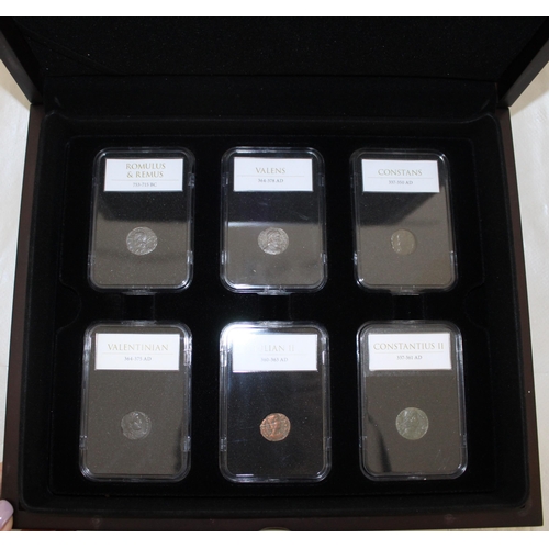 274 - Boxed 8 x Slab Roman Coins With Certificates 
Honorius 393-423 AD
Arcadius 383-408 AD
Romulus & Remu... 