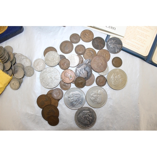 325 - A Quantity Of Collectable Coins/Commemorative/Money Tin/Money Bag