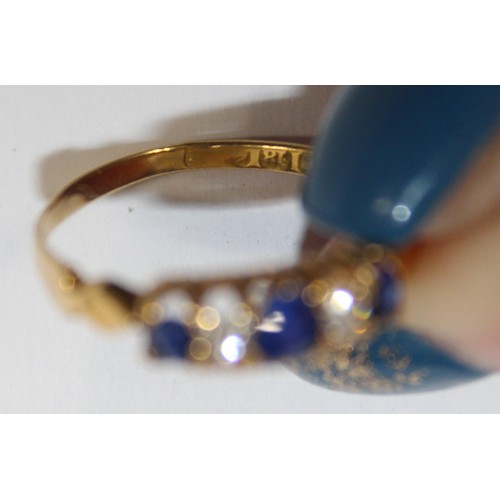 563 - Stamped 18 Gold Diamond & Sapphire Ring  - Size R - Total Weight 2.34gms