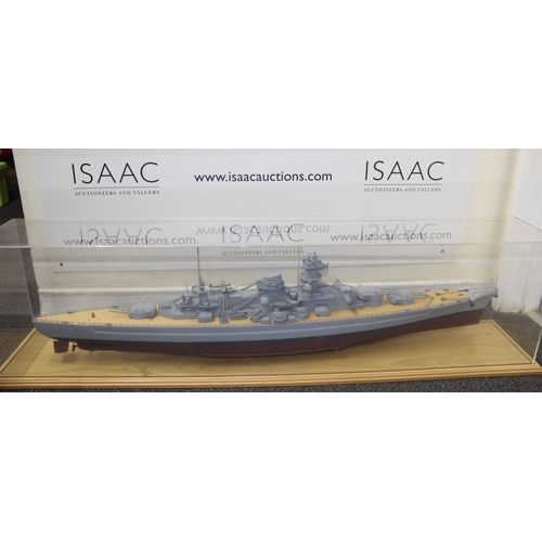 680 - Cased Battleship on Stand within Perspex Case
Case length 131.5cm
Height 35cm
COLLECTION ONLY