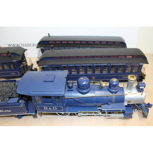 681 - BACHMAN B&O Royal Blue Line G Gauge Train and Carriages

Includes Engine, 3 Carriages and a Coal Car... 