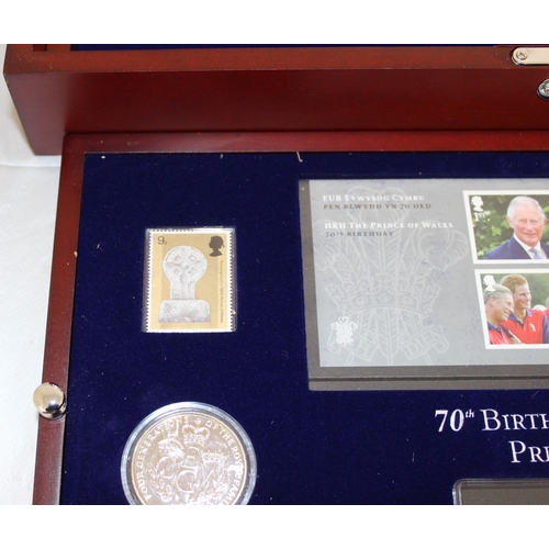 337 - A Wooden Display Case Celebrating The 70th Birthday Of The Prince Of Wales Containing Unfranked Stam... 