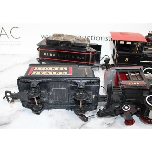 728 - Two Garden Gauge Toy Trains with Work Carriages - Untested - Collection Only...