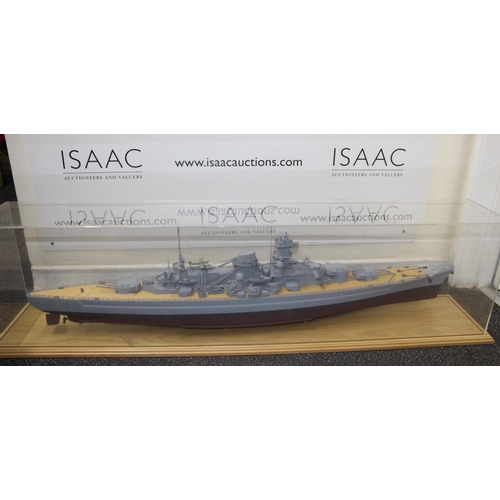 779 - Cased Battleship on Stand within Perspex Case
Case length 131.5cm
Height 35cm
COLLECTION ONLY