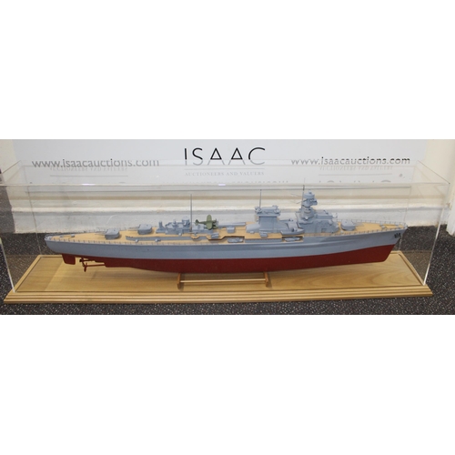 780 - Cased Battleship on Stand within Perspex Case
Case Length  100cm
Height 30cm
COLLECTION ONLY