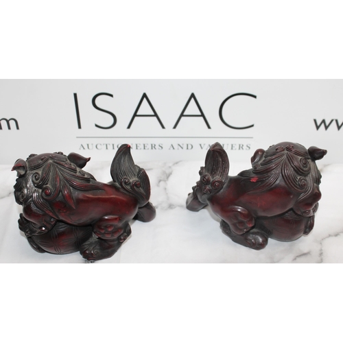 45 - Pair of Feng Shui Red Resin Chinese Foo Dogs - 15cm x 11cm