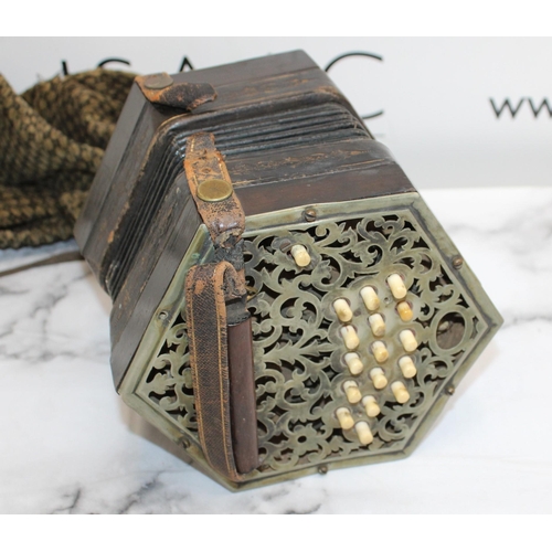 200 - Decorative Leather/Wood/Metal Concertina With Bone Buttons In Pouch