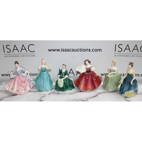 174 - Six Royal Doulton Figurines Unboxed Inc A Lady From Williamsburg 1959/First Waltz 2862/Clarissa 2345... 
